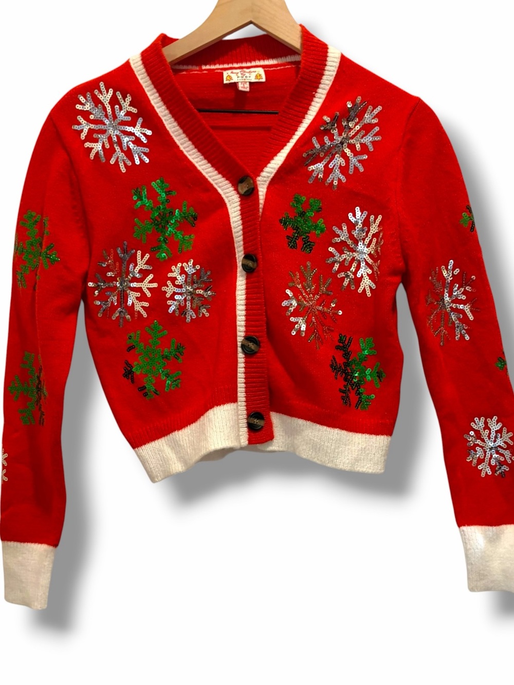 Merry Christmas Poof Girls Sequin Snowflake Cardigan Sweater Red Holiday Sz Sm